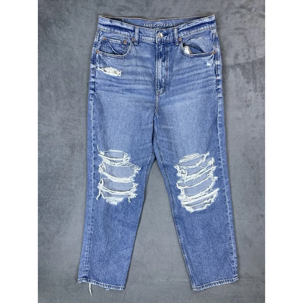 American Eagle Jeans Womens 12 Short Blue Light Wash High Rise Baggy Straight - Picture 1 of 10